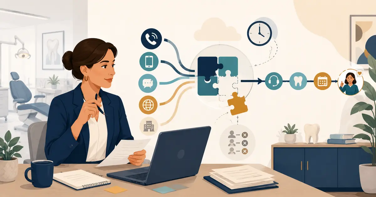 Dental office manager reviews a concise performance scorecard with scheduling, collections, patient access, calls, and staffing measures.