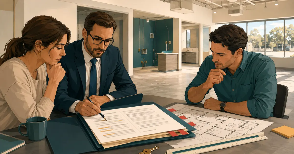 Future practice owner, attorney, and architect mark lease clauses against a dental premises test-fit and utility report.