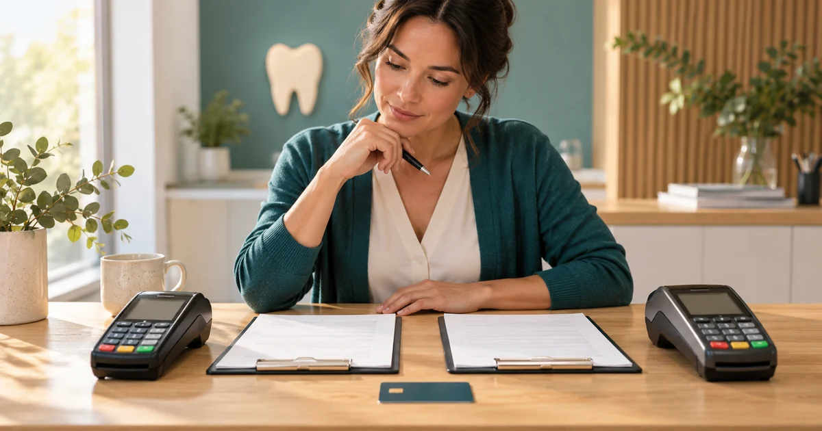 Two unbranded payment terminals and blank contracts sit on a dental office counter.
