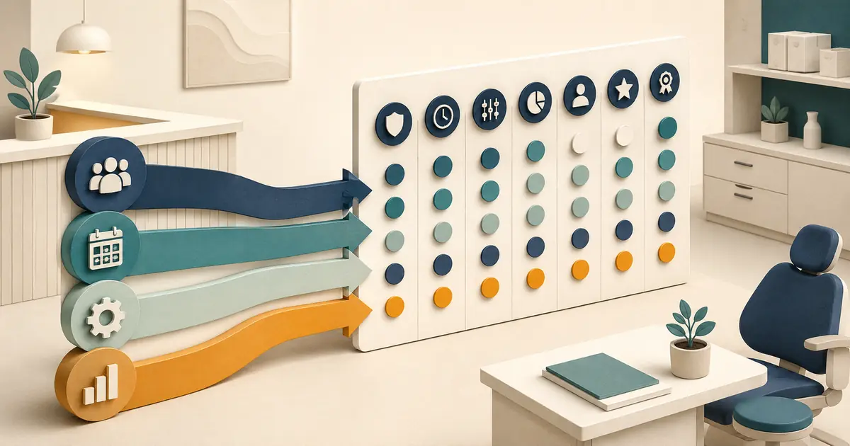 Practice owner compares internal workflow, phone-system features, staffed coverage, and specialized software across trigger, handoff, privacy, reporting, resilience, and cost.