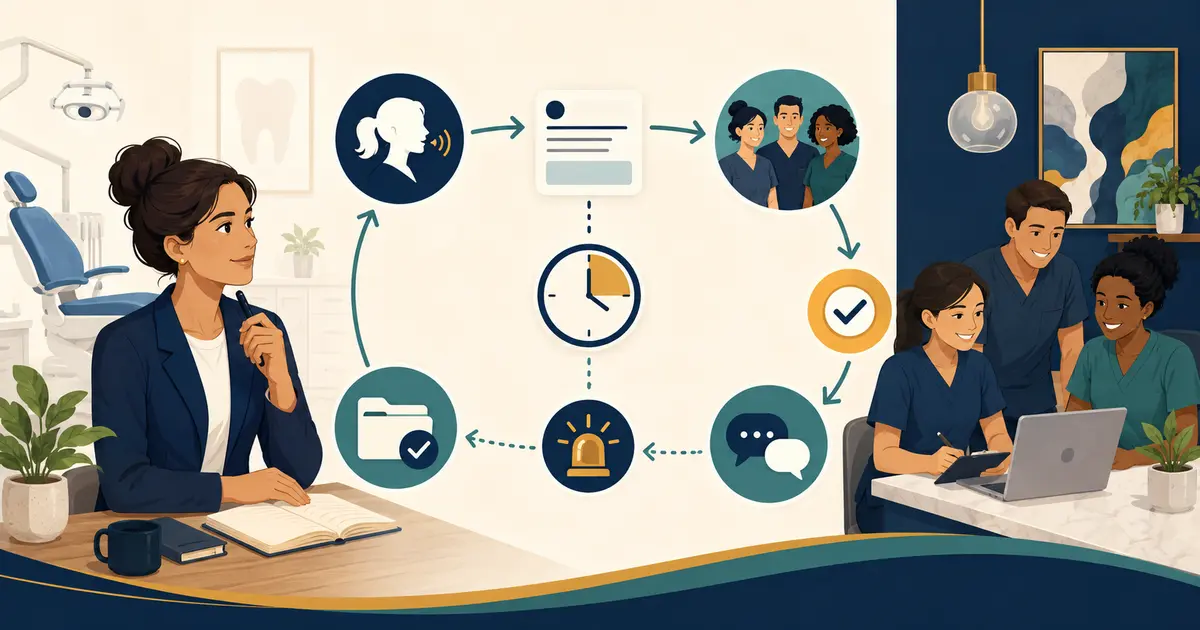 Future dental practice owner prepares a new-hire onboarding checklist with access, training, supervised practice, feedback, and role sign-off.
