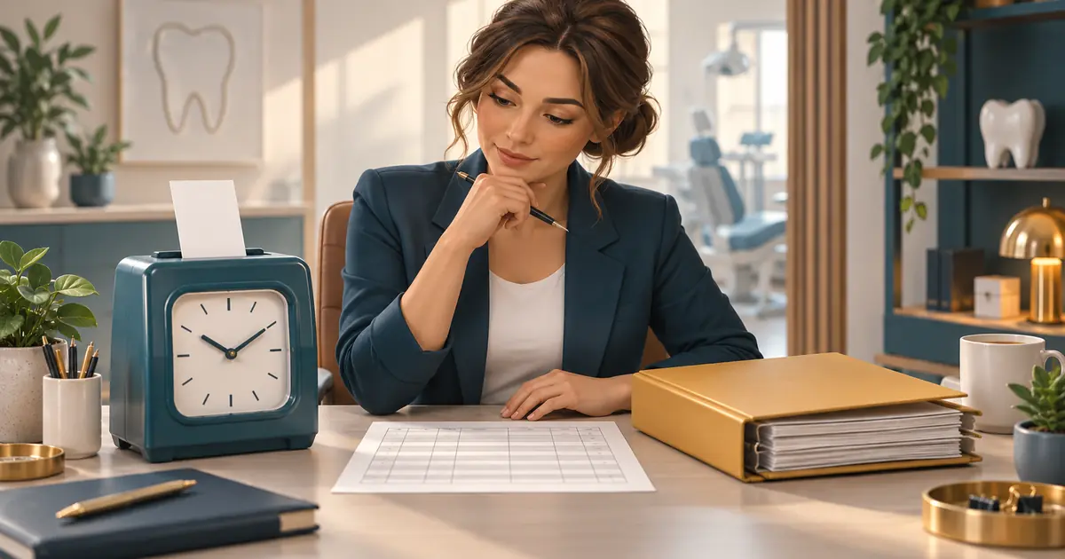 An office manager compares a time clock, blank timesheet and payroll folder on a tidy desk.
