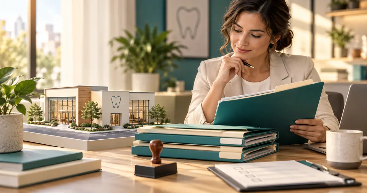 A clinic model sits beside organized permit folders and an unmarked approval stamp.