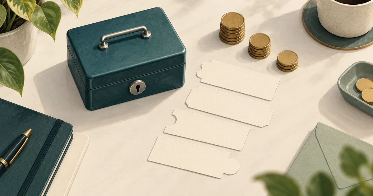 A small locked cash box beside numbered-shape blank vouchers and separated coin stacks on an office desk.