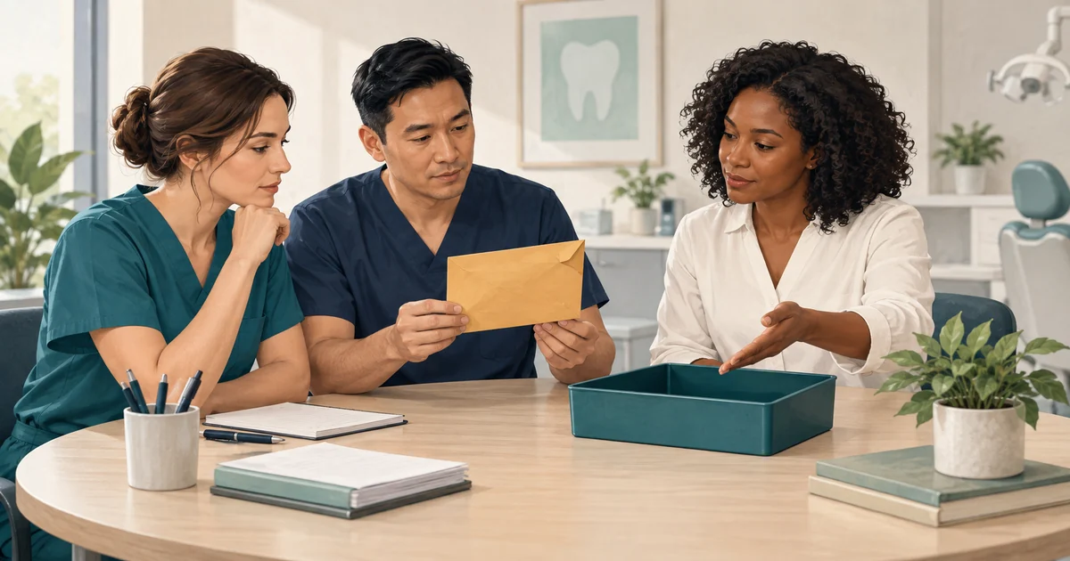 Dental team members identifying a suspicious blank envelope at a training table with a safe reporting tray.