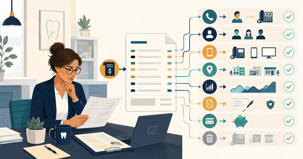 Dental practice owner reconciles phone invoice charges with active numbers, users, devices, locations, contracts, and service records.