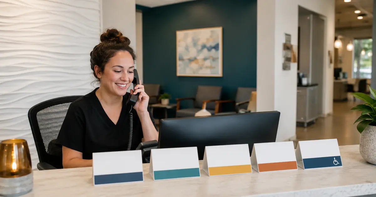 Dental receptionist uses a calm live-call greeting card with branches for normal service, busy periods, transfers, callbacks, and accessibility needs.