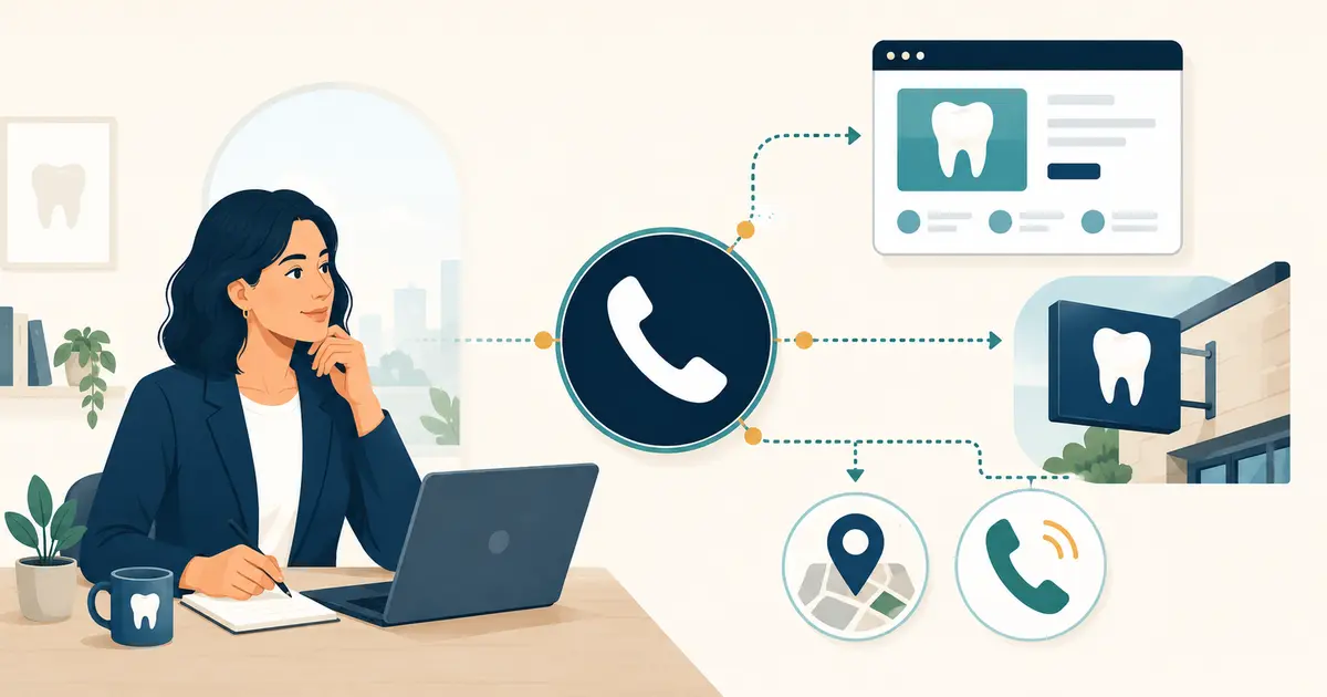 Future dental practice owner checks a staged phone number launch map across signage, website, directories, and tested routes.