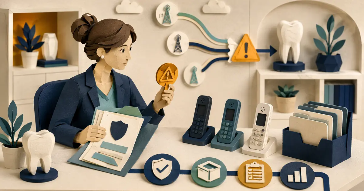 Dental office manager investigates a warning label on an outbound practice number using carrier records and controlled test calls.
