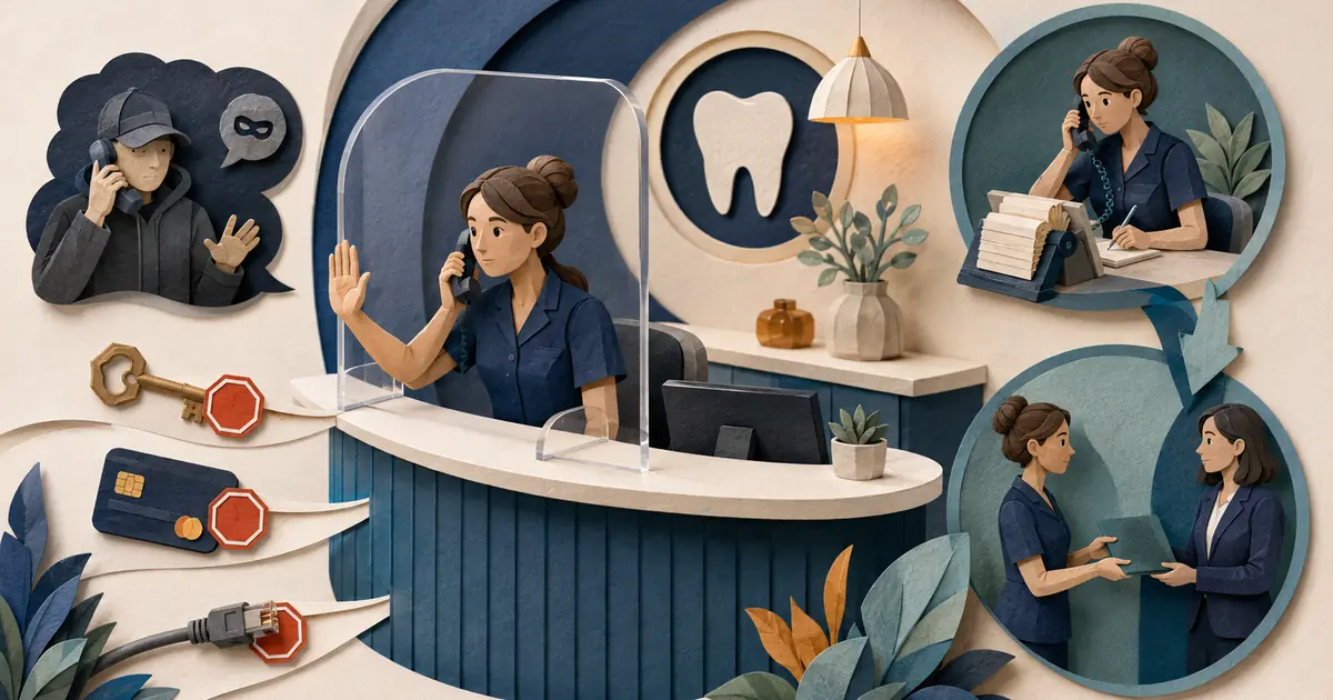 Dental front desk employee pauses a suspicious caller request and verifies it through an approved contact directory.