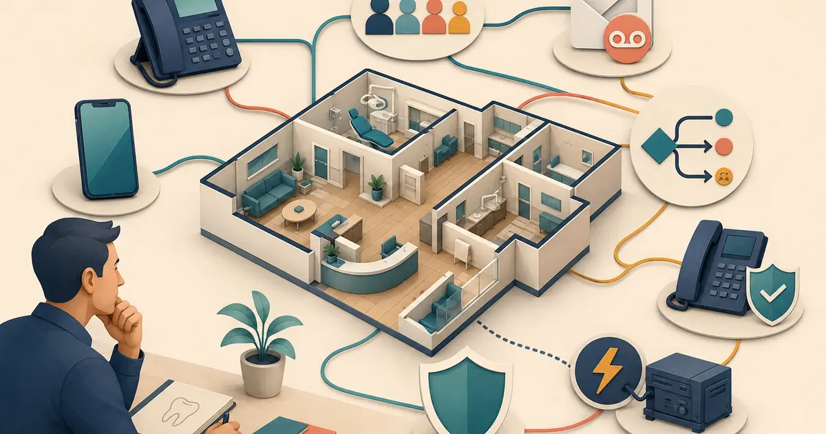 Future dental practice owner maps phone numbers, devices, call routes, voicemail, accessibility, outage fallback, ownership, and launch testing.