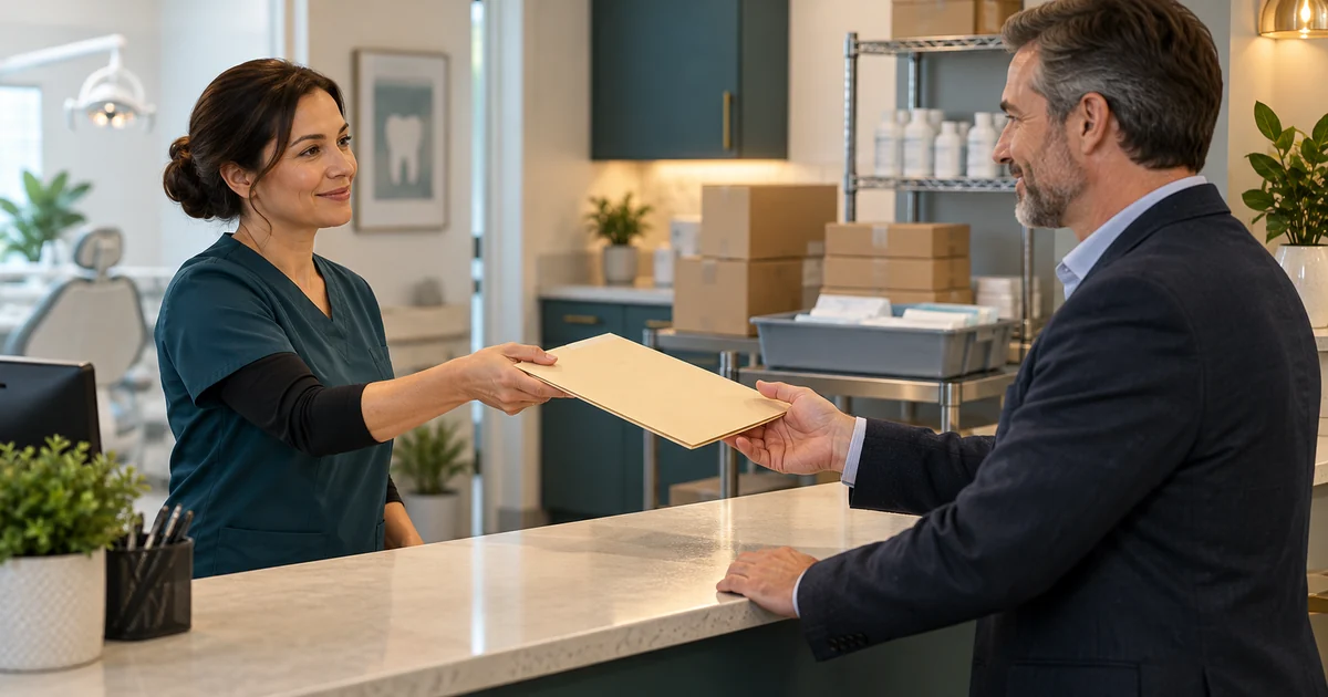 A manager hands a purchase request folder to an owner beside sealed supply boxes.