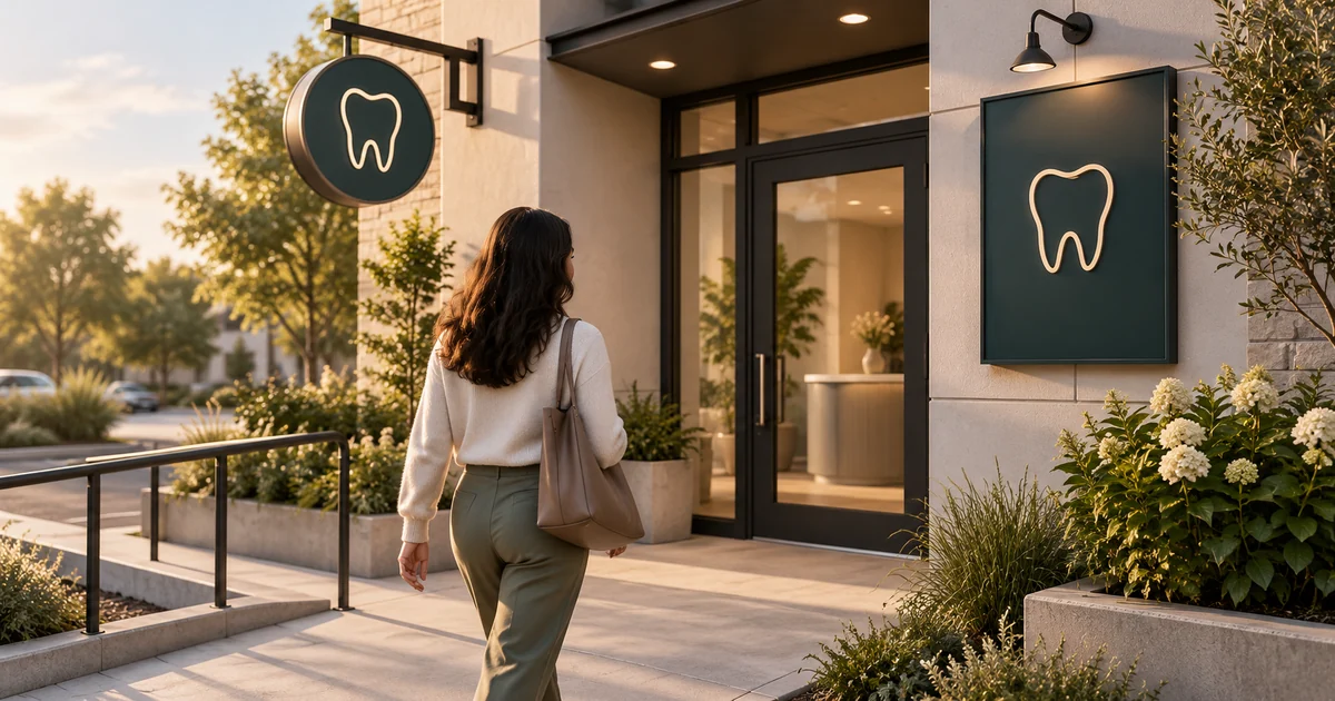 A visitor approaches a dental office entrance with a ramp and tooth-symbol exterior signs.