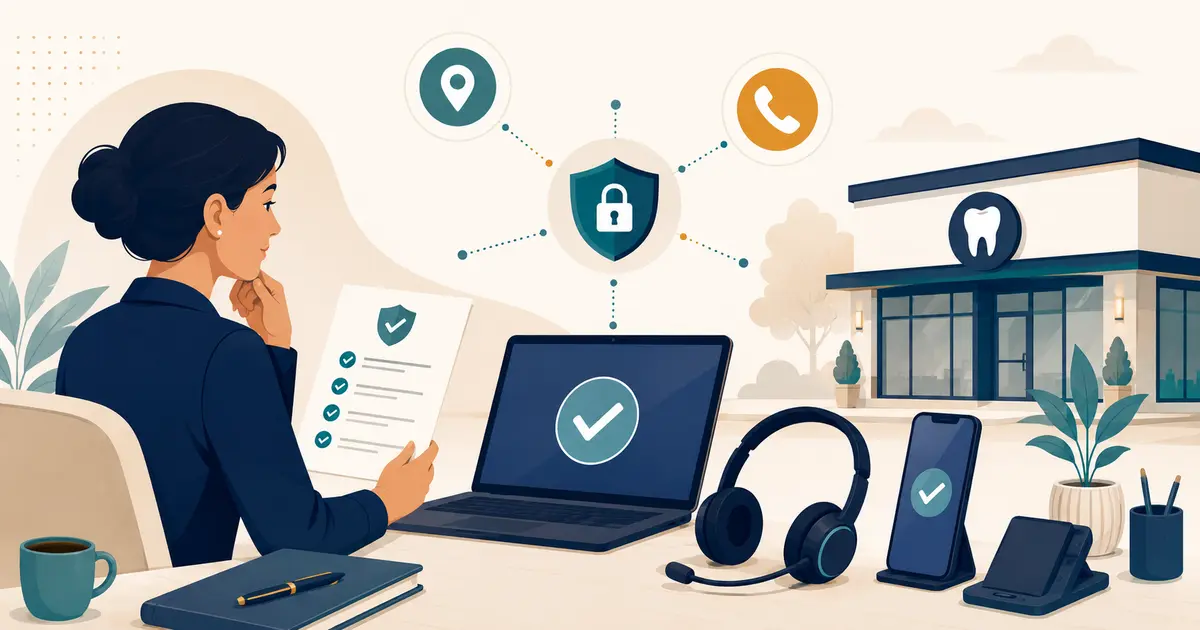 Future dental practice owner reviews approved softphone devices, networks, emergency location, access, and support rules.
