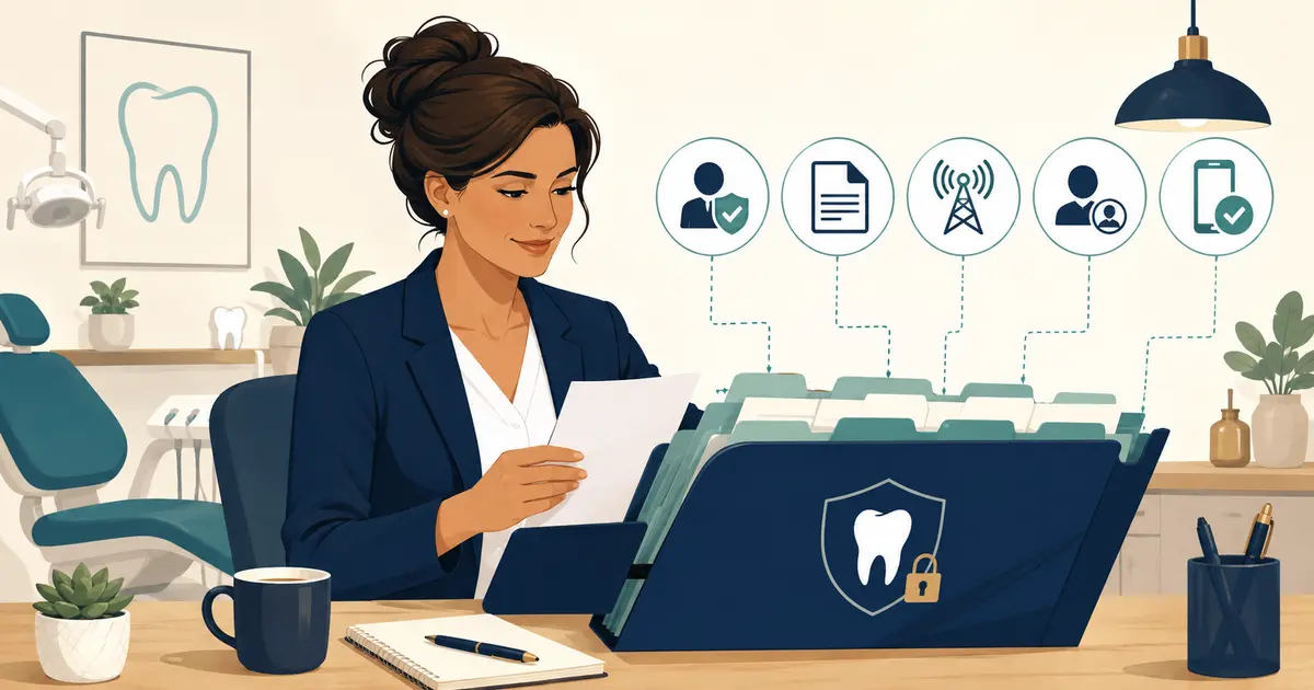 Dental practice owner and office manager organize printed workflow cards, checklists, and policy folders at a dental office desk.