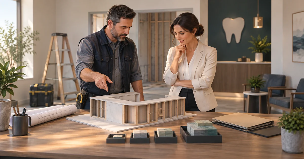 An owner and contractor review a reception model beside construction documents and funding trays.