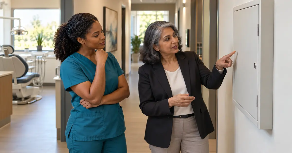 A practice buyer listens as a building manager points to a closed utility cabinet in a dental office.