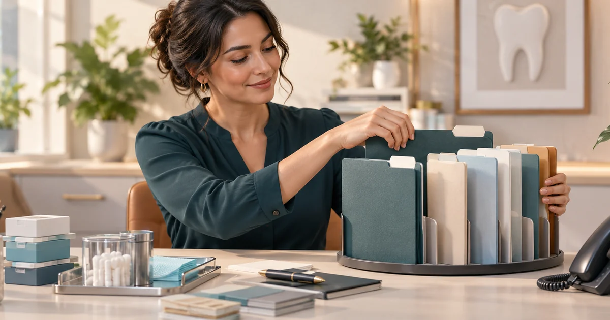 A manager arranges supplier contracts with date tabs and related office supplies.