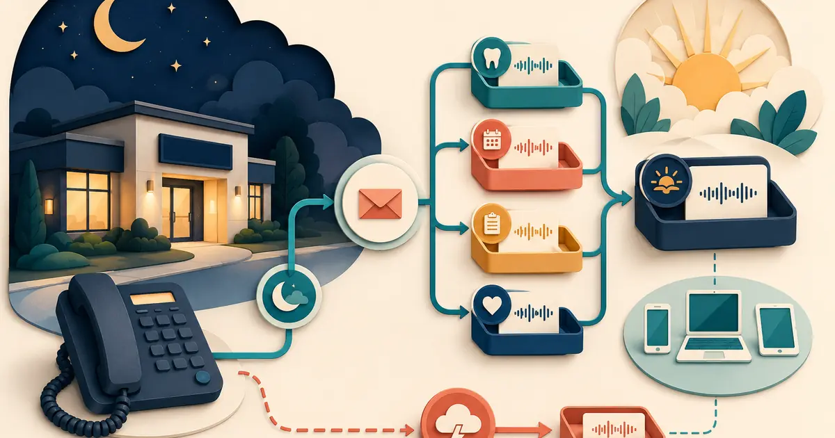 Future dental owner maps open, no-answer, after-hours, holiday, and outage calls to voicemail boxes with named review and escalation owners.