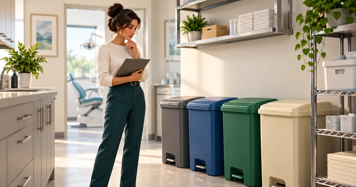Closed waste collection containers stand in an orderly dental office utility room.