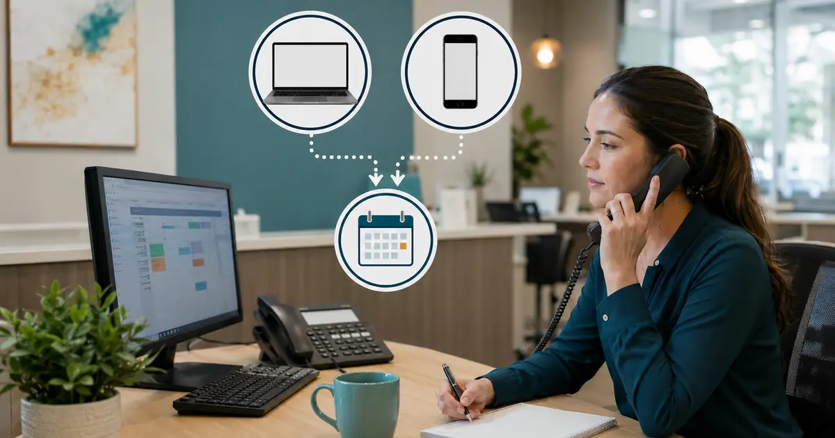 Future dental practice owner compares online and phone appointment paths with shared rules for requests, confirmed bookings, identity, exceptions, and fallback.