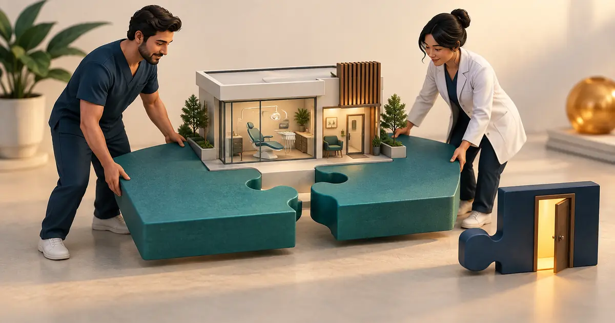 Two partners align interlocking teal pieces around a miniature dental practice with a separate exit piece.