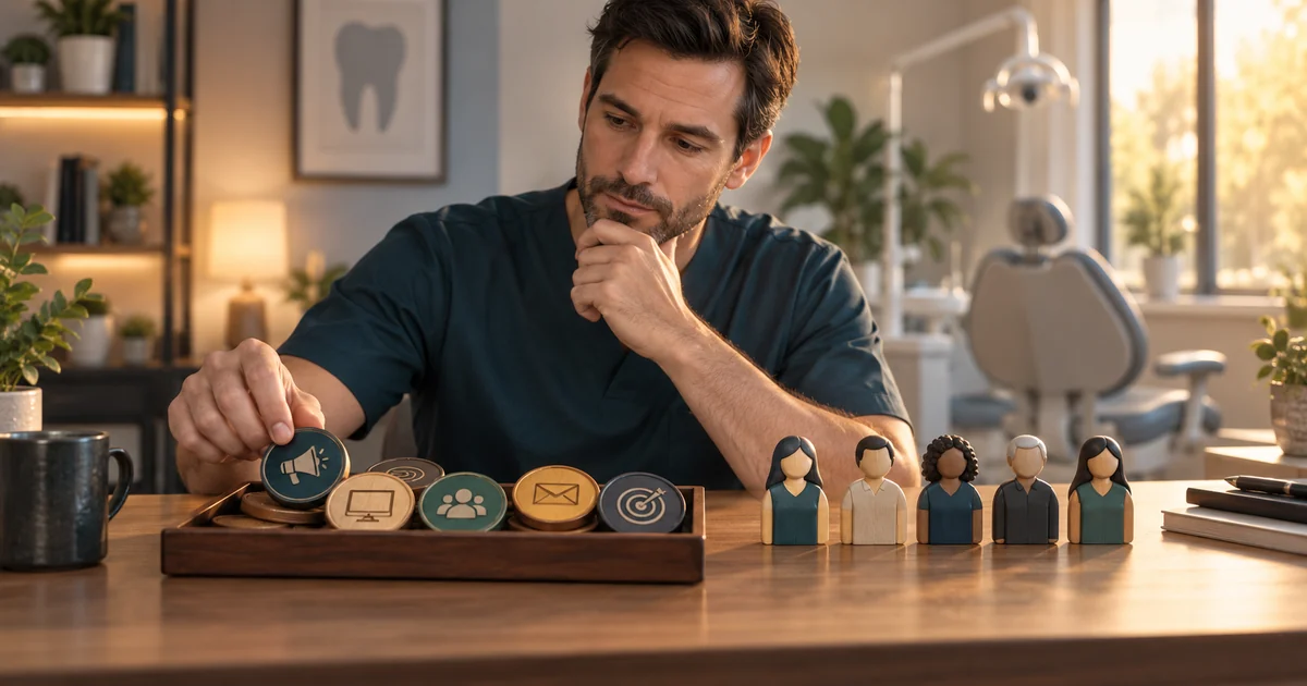 Marketing-cost tokens and anonymous patient figures are arranged on an owner’s desk.