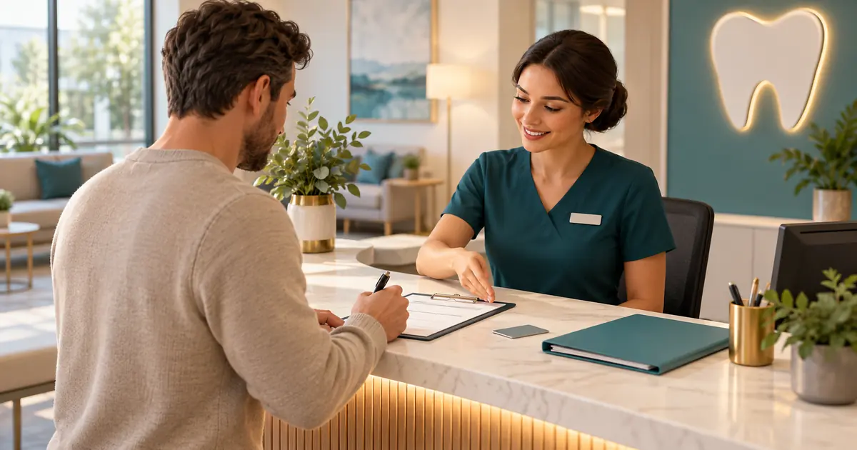 A patient checks in with a receptionist using a blank form at the reception counter.
