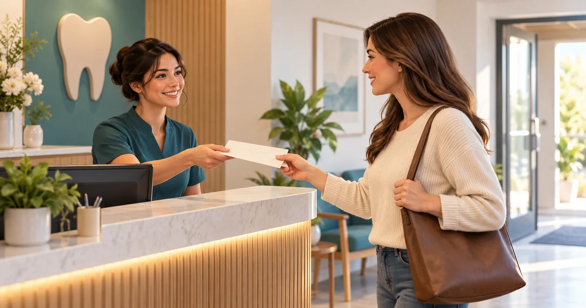 A receptionist gives a patient a next-steps envelope at the checkout desk.