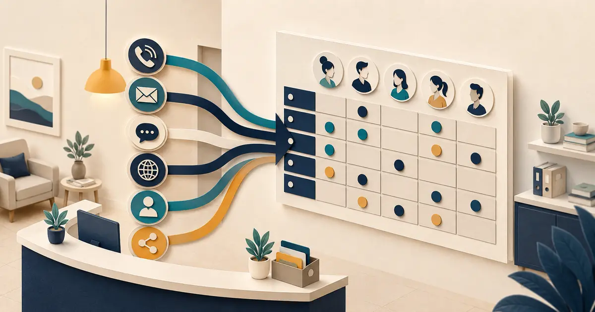 Front desk team maps phone, voicemail, text, portal, email, and in-person communication by purpose, owner, privacy, response, fallback, and closure.