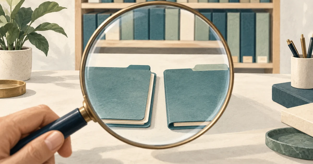 Two similar closed patient folders viewed through a magnifying glass before a single organized records shelf.