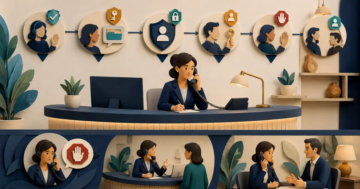 Dental front desk employee follows a risk-based identity and representative-authority protocol during a patient phone call.