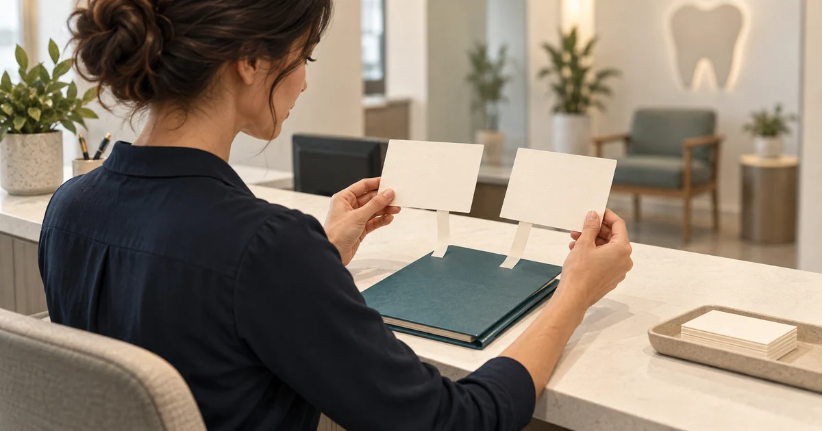 A receptionist comparing two blank demographic cards connected to one closed patient folder.