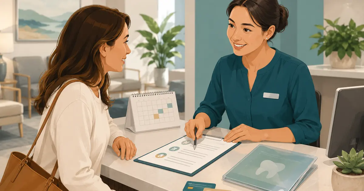 Front desk coordinator and practice manager review plain-language payment policy clauses beside an estimate and receipt.