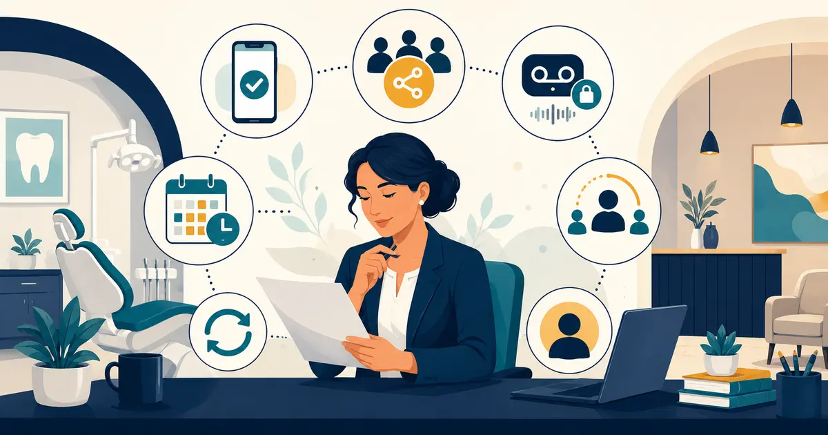 Dental office manager maps patient communication, scheduling, follow-up, service recovery, and reactivation touchpoints with the front desk team.