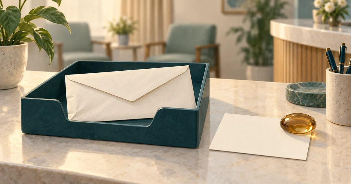 A returned sealed envelope resting in a protected tray beside an address-verification card at reception.