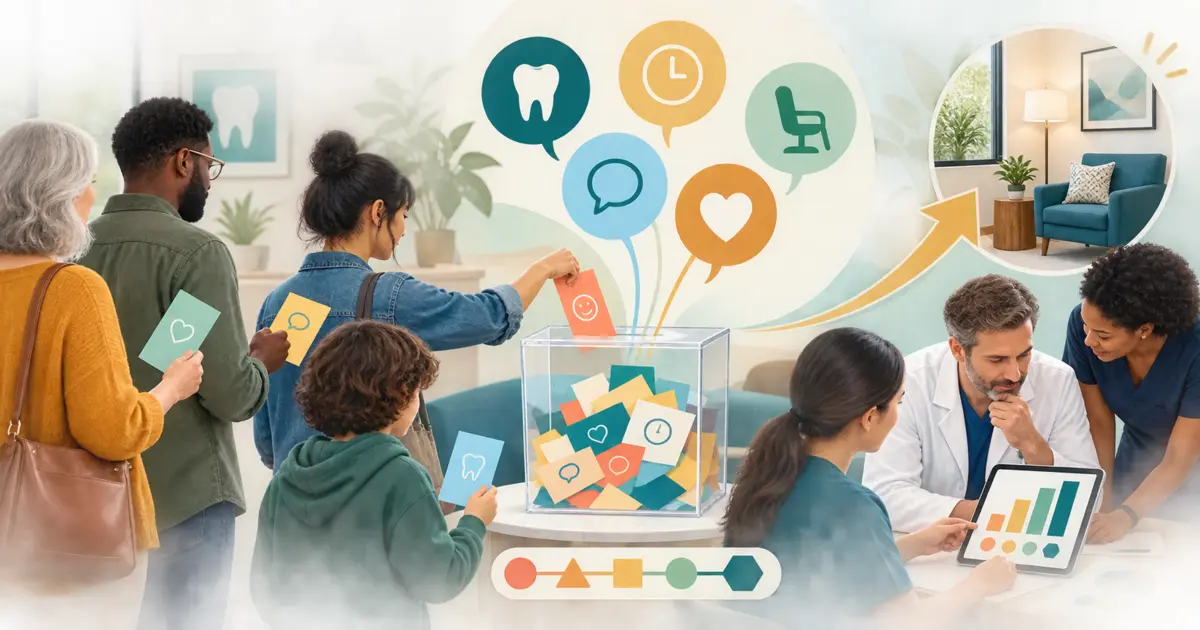 Dental practice team reviews an anonymous patient satisfaction survey covering access, communication, comfort, and follow-up.
