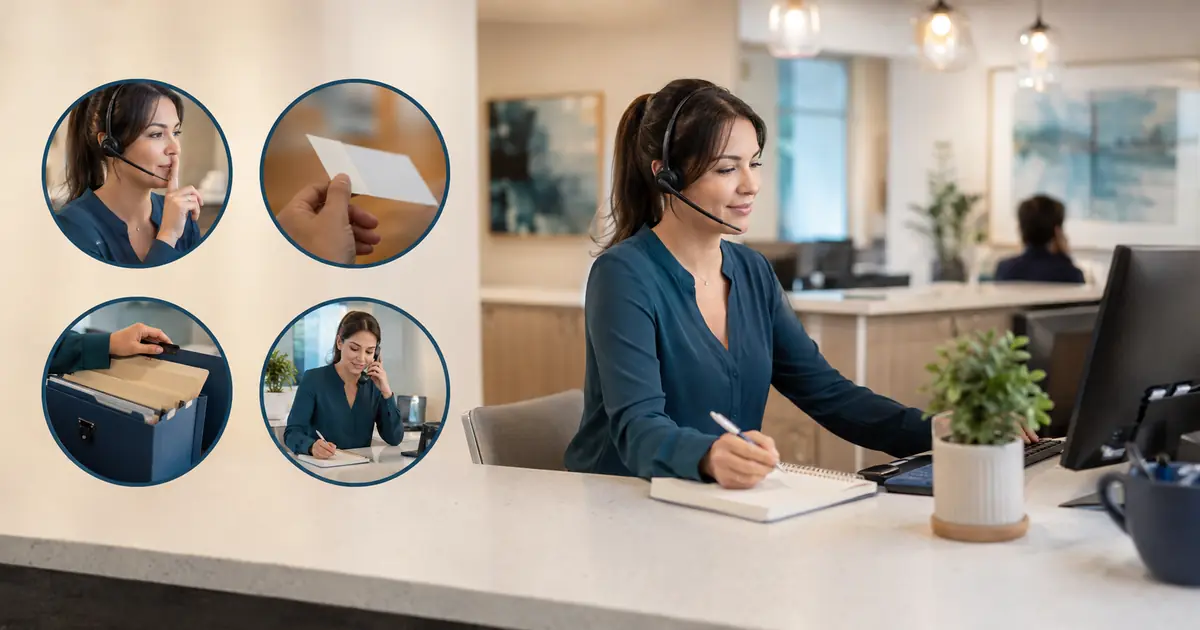 Dental office manager reviews identity checks, quiet speaking areas, limited voicemail details, authorized access, and secure follow-up for patient calls.