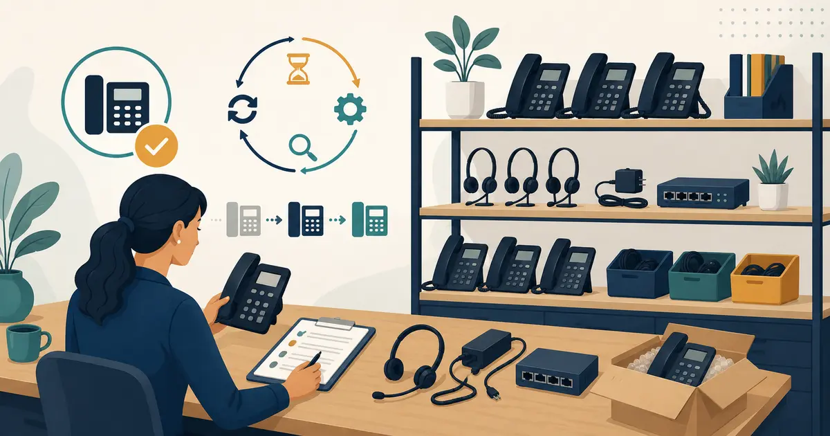Future dental practice owner catalogs desk phones, headsets, network adapters, spares, support dates, and replacement status.
