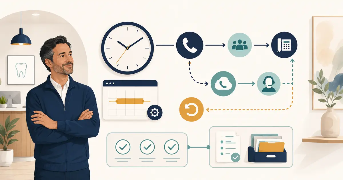 Dental practice owner reviews a timed phone maintenance plan with scope, fallback routing, rollback, tests, and reconciliation.