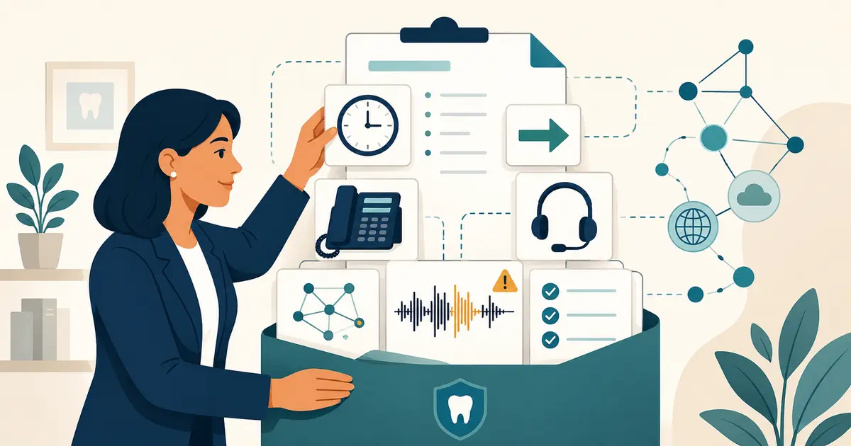 Dental practice owner assembles a phone quality ticket with timestamp, direction, endpoints, symptom, scope, and reproducible tests.