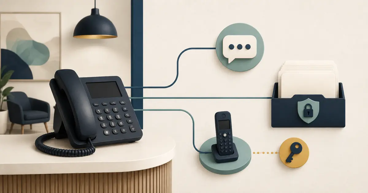 Future practice owner compares a desk phone, mobile text channel, number ownership, routing map, consent record, outage path, and export checklist.