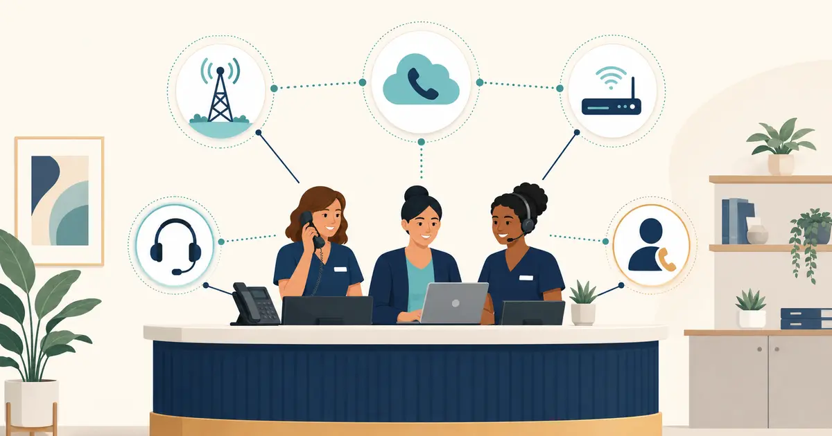 Dental front desk team reviews a vendor contact matrix for carrier, internet, phone platform, hardware, and emergency escalation.