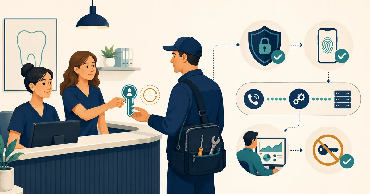Dental front desk team grants a vendor a named, least-privilege, time-limited support role and verifies revocation after work.