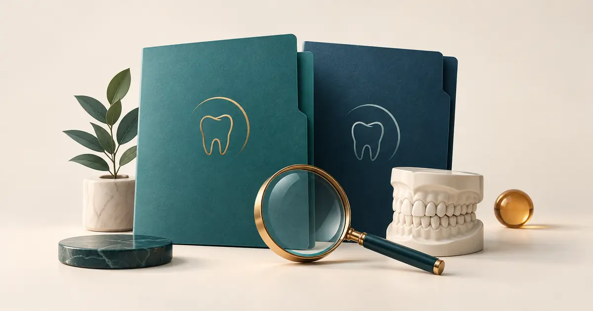 Two contrasting teal fee proposal folders beside a magnifying glass and a dental model.
