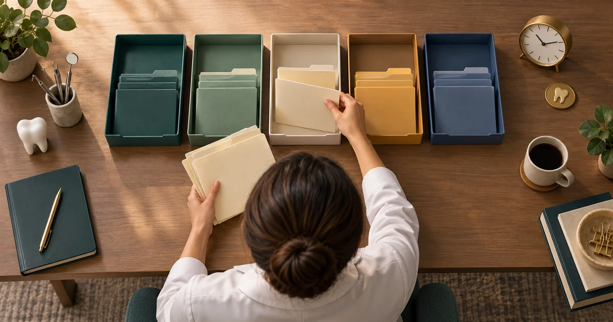 Supplier folders are sorted into five desk trays beside a clock and a separate token.
