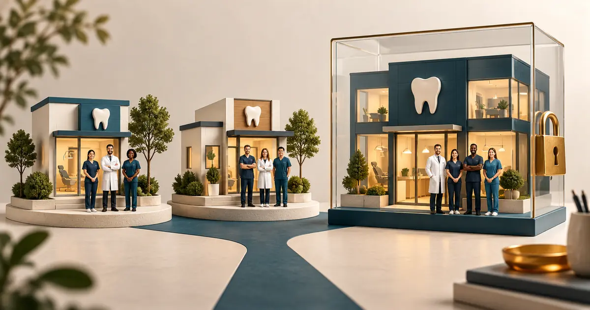 Two miniature dental practices presented as separate assets on one side and one enclosed business block on the other.