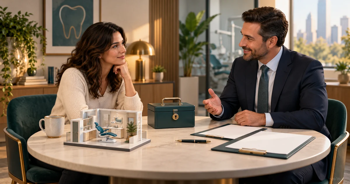 A future owner and banker review account forms beside a lockbox and an office miniature.