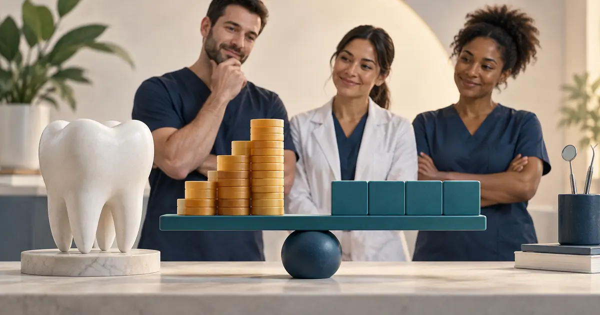 A rising amber token column meets a level teal bar beside a dental model, no numbers.