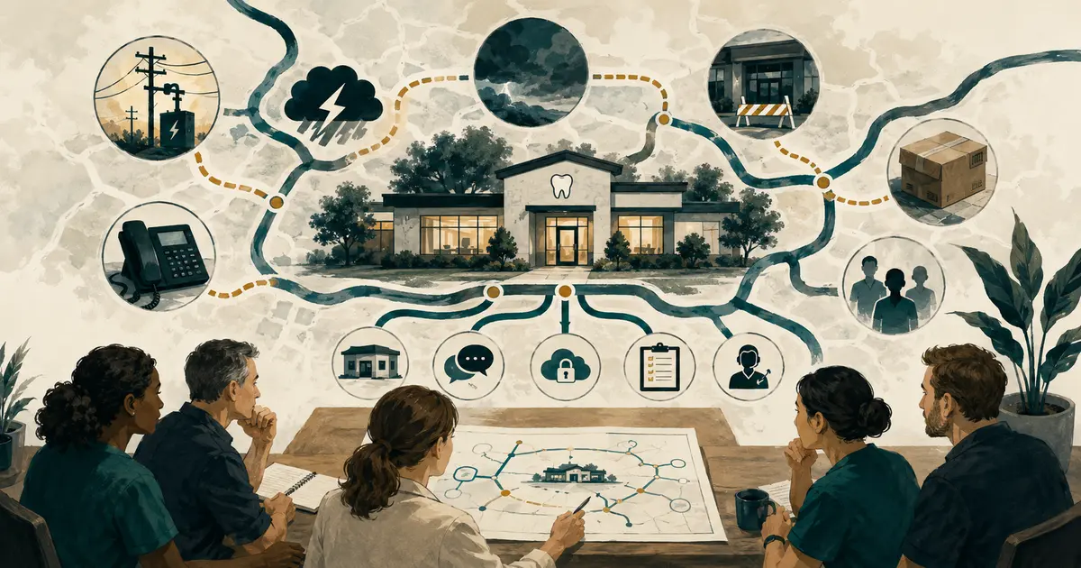 Dental practice continuity map connects staff safety, patient communications, downtime records, vendors, data recovery, and reopening.